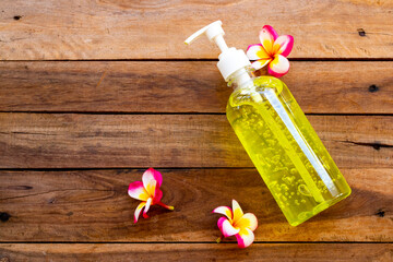 alcohol hand gel for health care hand protect covid19 arrangement flat lay postcard style on...