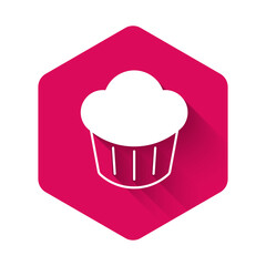 White Cupcake icon isolated with long shadow background. Pink hexagon button. Vector