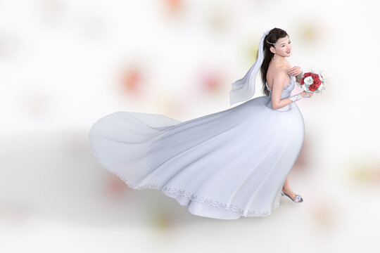 綺麗なレースの純白のウエディングドレスを着た花嫁がブーケを持ちヴァージンロードを歩く