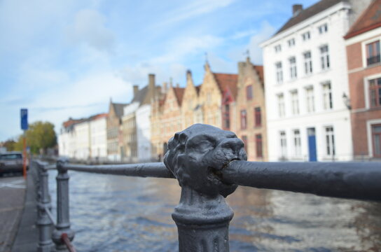 Pont Du Molin (Mill Bridge) over Langerei Canals stream. Architectural detail in railings.