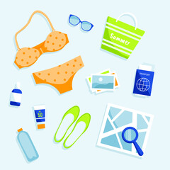 Travel things. Summer Traveler's set: map, passport, sunglasses and etc