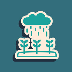Green Plant sprouts grow in the rain icon isolated on green background. Seedling concept. Long shadow style. Vector