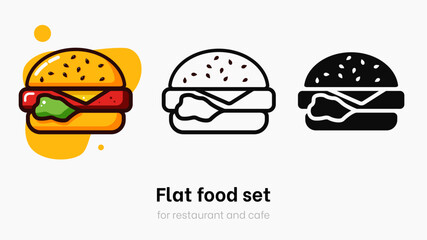 Burger flat vector illustration set. Burger vector for restaurant, dinner and italian menu. Bright colorful Hamburger on yellow background with vibrant and bright colors. Burger vector logo collection - obrazy, fototapety, plakaty