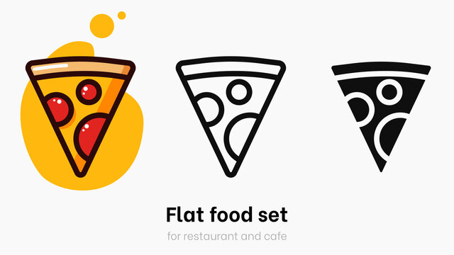 Pizza flat vector illustration set. Slice of pizza vector set for restaurant, dinner and italian menu. Bright colorful pizza on yellow background with vibrant and bright colors. Pizzeria logo template - Powered by Adobe