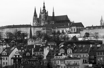 Fototapeta na wymiar View from the Charles bridge to Prague castle. Black and white photo