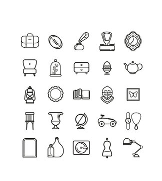 Collection de symboles pour brocante, antiquaire, vide-grenier, puces, vente d'objets anciens