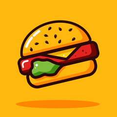 Burger flat vector illustration. Burger vector for restaurant, dinner and american menu. Bright colorful Hamburger on yellow background with vibrant and bright colors. Burger vector logo template