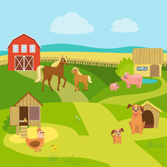 Farm. Vector illustration in cartoon style. Pets, cubs, house. Large set