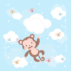 Obraz na płótnie Canvas Cute Baby Monkey On A Cloud. Cartoon Vector Card. Chinese Calendar Symbol.