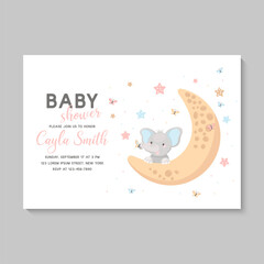 Cute happy elephant sits on the moon and smiling. Baby shower vector illustration.