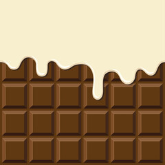 Cream melted on chocolate bar seamless background, Vanilla creme flowing on choco pattern, Minimal flat design for template banner, poster, label, Vector illustration