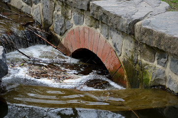 Clogged water bridges and canals made of arched bricks. water through the branches and various...
