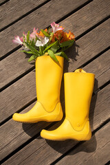 Yellow rubber boots with flowers