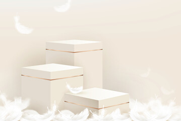 3D step podium mockup with feathers on beige color background for cosmetic and product display, vector illustration