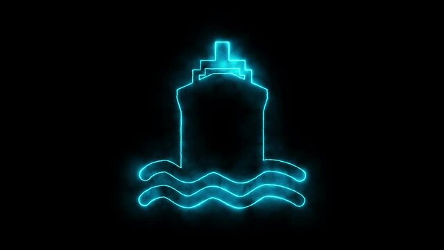 Linear neon animation of blue big boat, oiler with dynamic smoke on black background. Motion graphic, 4K video