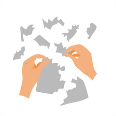 Hands tearing paper into small pieces. Vector illustration in flat style.