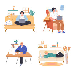 Freelance concept scenes set. Comfortable freelancers workplaces. Remote employees work on laptops at home offices. Collection of people activities. Vector illustration of characters in flat design