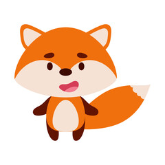 Cute little fox on white background. Cartoon animal character for kids cards, baby shower, birthday invitation, house interior. Bright colored childish vector illustration.