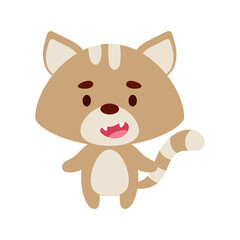 Cute little cat on white background. Cartoon animal character for kids cards, baby shower, birthday invitation, house interior. Bright colored childish vector illustration.