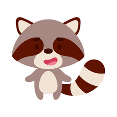 Cute little raccoon on white background. Cartoon animal character for kids cards, baby shower, birthday invitation, house interior. Bright colored childish vector illustration.