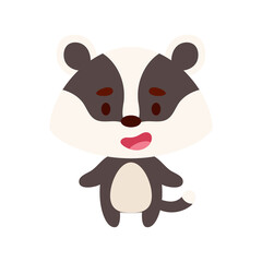 Naklejka premium Cute little badger on white background. Cartoon animal character for kids cards, baby shower, birthday invitation, house interior. Bright colored childish vector illustration.
