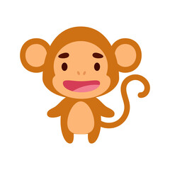 Obraz premium Cute little monkey on white background. Cartoon animal character for kids cards, baby shower, birthday invitation, house interior. Bright colored childish vector illustration.