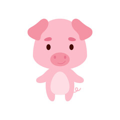 Obraz na płótnie Canvas Cute little pig on white background. Cartoon animal character for kids cards, baby shower, birthday invitation, house interior. Bright colored childish vector illustration.