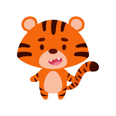 Cute little tiger on white background. Cartoon animal character for kids cards, baby shower, birthday invitation, house interior. Bright colored childish vector illustration.