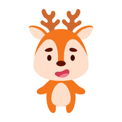 Cute little deer on white background. Cartoon animal character for kids cards, baby shower, birthday invitation, house interior. Bright colored childish vector illustration.
