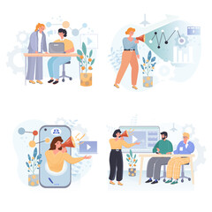 Digital marketing concept scenes set. Marketers develop business, create video content, attract new buyers or traffic. Collection of people activities. Vector illustration of characters in flat design