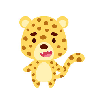 Cute little cheetah on white background. Cartoon animal character for kids cards, baby shower, birthday invitation, house interior. Bright colored childish vector illustration.
