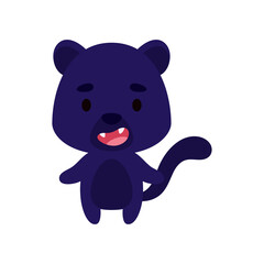 Cute little panther on white background. Cartoon animal character for kids cards, baby shower, birthday invitation, house interior. Bright colored childish vector illustration.