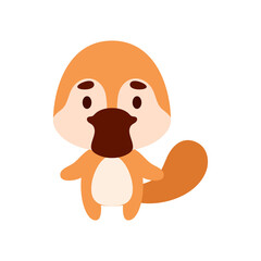 Cute little platypus on white background. Cartoon animal character for kids cards, baby shower, birthday invitation, house interior. Bright colored childish vector illustration.