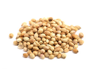 Coriander seeds isolated on on white background. A popular aromatic spice.