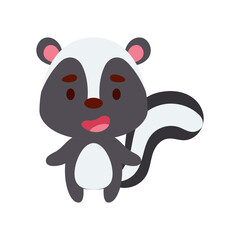 Fototapeta premium Cute little skunk on white background. Cartoon animal character for kids cards, baby shower, birthday invitation, house interior. Bright colored childish vector illustration.