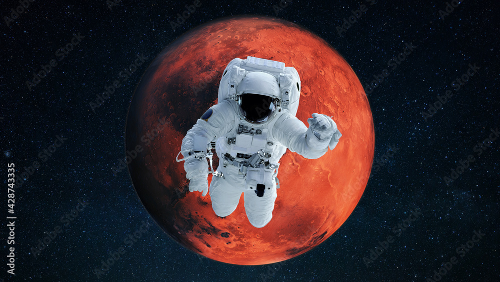 Poster Astronaut against the background of the red planet Mars flies and performs a mission in open space. Spaceman in cosmos