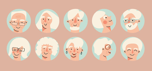 Senior people avatar big bundle set. Older user pic, different human mature face icons. Collection of grandparent avatars isolated. Bundle of joyful smiling pensioners
