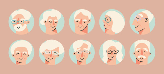 Senior people avatar big bundle set. Older user pic, different human mature face icons. Collection of grandparent avatars isolated. Bundle of joyful smiling pensioners