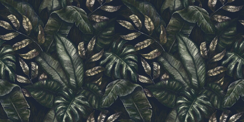 Seamless tropical pattern. Exotic background with palm leaves, monstera, colocasia, banana leaves. Vintage watercolor illustration. Suitable for fabric design, wrapping paper, wallpaper