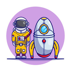 Cute Astronaut standing with Rocket cartoon illustration. Astronaut and Rocket launcher space concept flat cartoon style