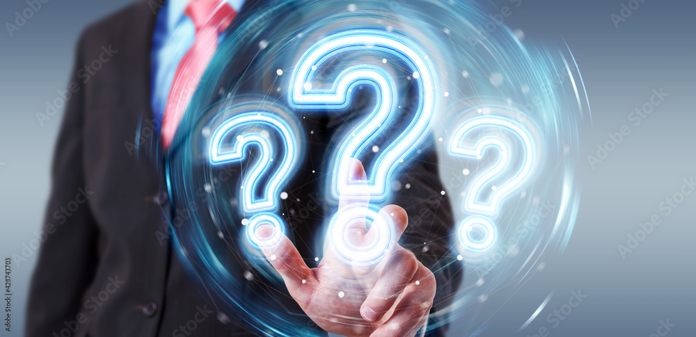 Fototapete Man using digital question marks holographic interface 3D rendering