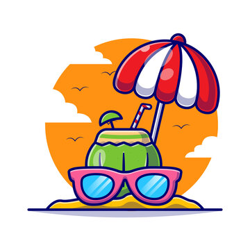 Coconut with eyeglass and umbrella in summer cartoon flat illustration. Summer in beach concept flat cartoon style.