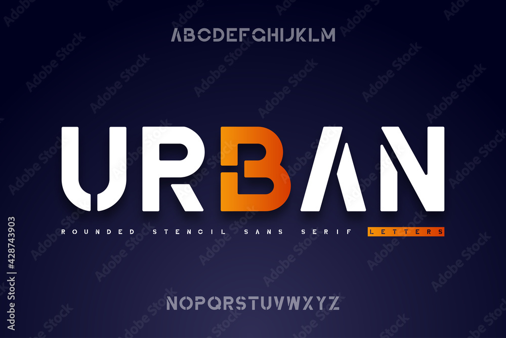 Poster rounded stencil sans serif font. stencil alphabet with uppercase letters. vector illustration.
