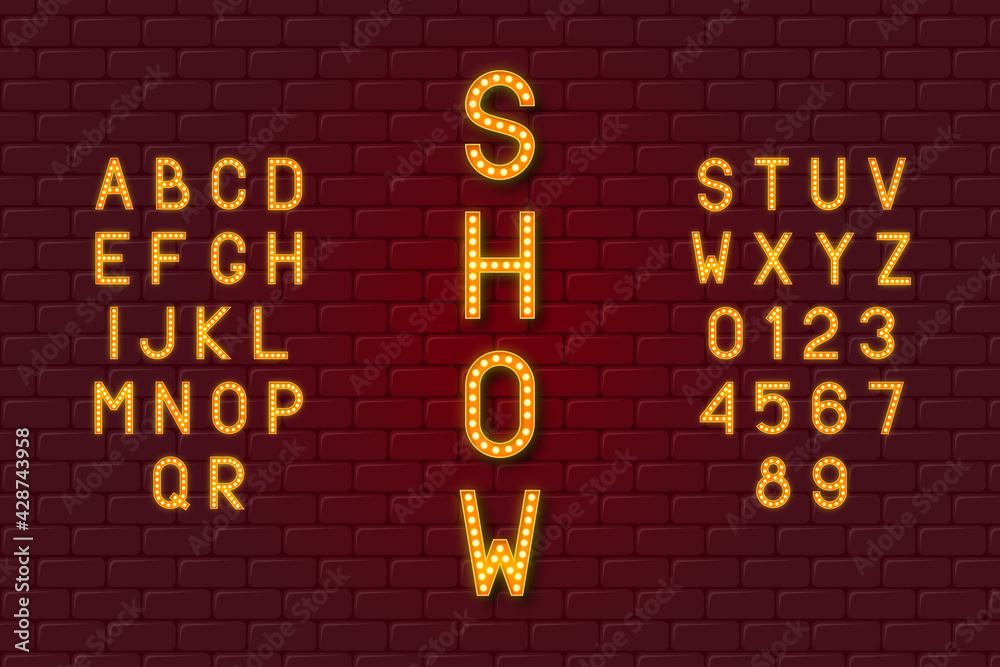 Aufkleber light bulb retro alphabet with red frame and gold lamps light. vintage font with glowing 3d letters 