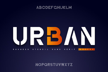 Rounded stencil sans serif font. Stencil alphabet with uppercase letters. Vector illustration.