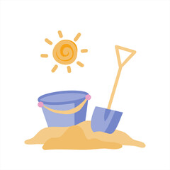 Sand bucket and shovel. Vector illustration of children s recreation and entertainment. Vacation at the beach. Flat style illustration on white background