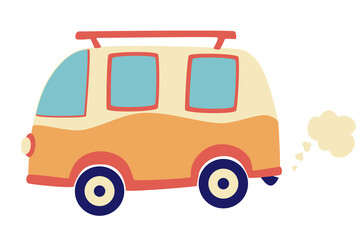Cartoon Camper bus. Retro car. Travel omnibus family summertime holidays. Vacation poster concept. Surf camp, rv travel coach in flat design. Element for logo, poster, banner, etc.