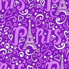 Fototapeta na wymiar Seamless pattern. Eiffel tower with Paris lettering. Modern Bright purple design for kids girls. Abstract hearts and swirl hand drawing. Vector illustration is isolated on backdrop