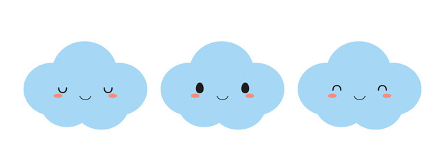 Set of cute blue cloud icons. Flat vector illustration.