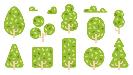 Trees set. Plants isolated. Simple geometric shapes. Forest background. Green color. Simple cute cartoon design. Flat style vector illustration. Healthy lifestyle. Tree silhouette. Icons collection.